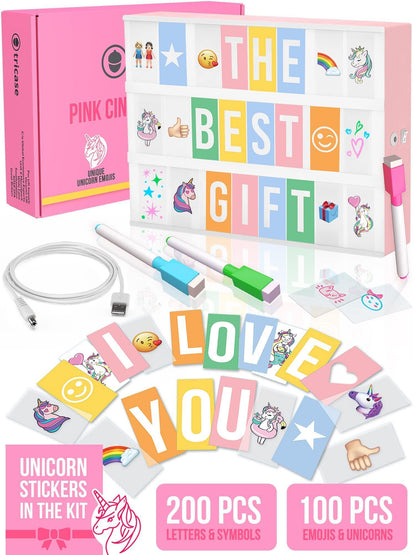 Pink light box with colorful letter tiles, markers, and emoji stickers set