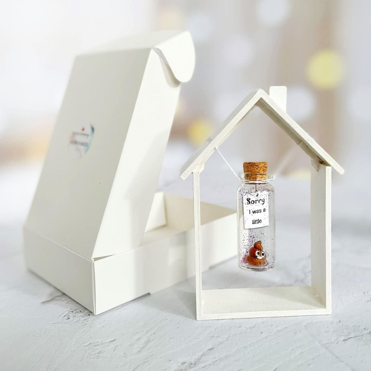 White house-shaped display container holding a small corked apology message bottle