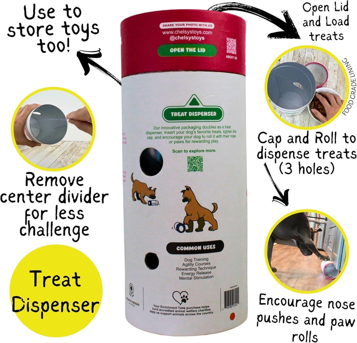 3-hole treat dispenser tube with flip-top lid for storing and dispensing dog treats