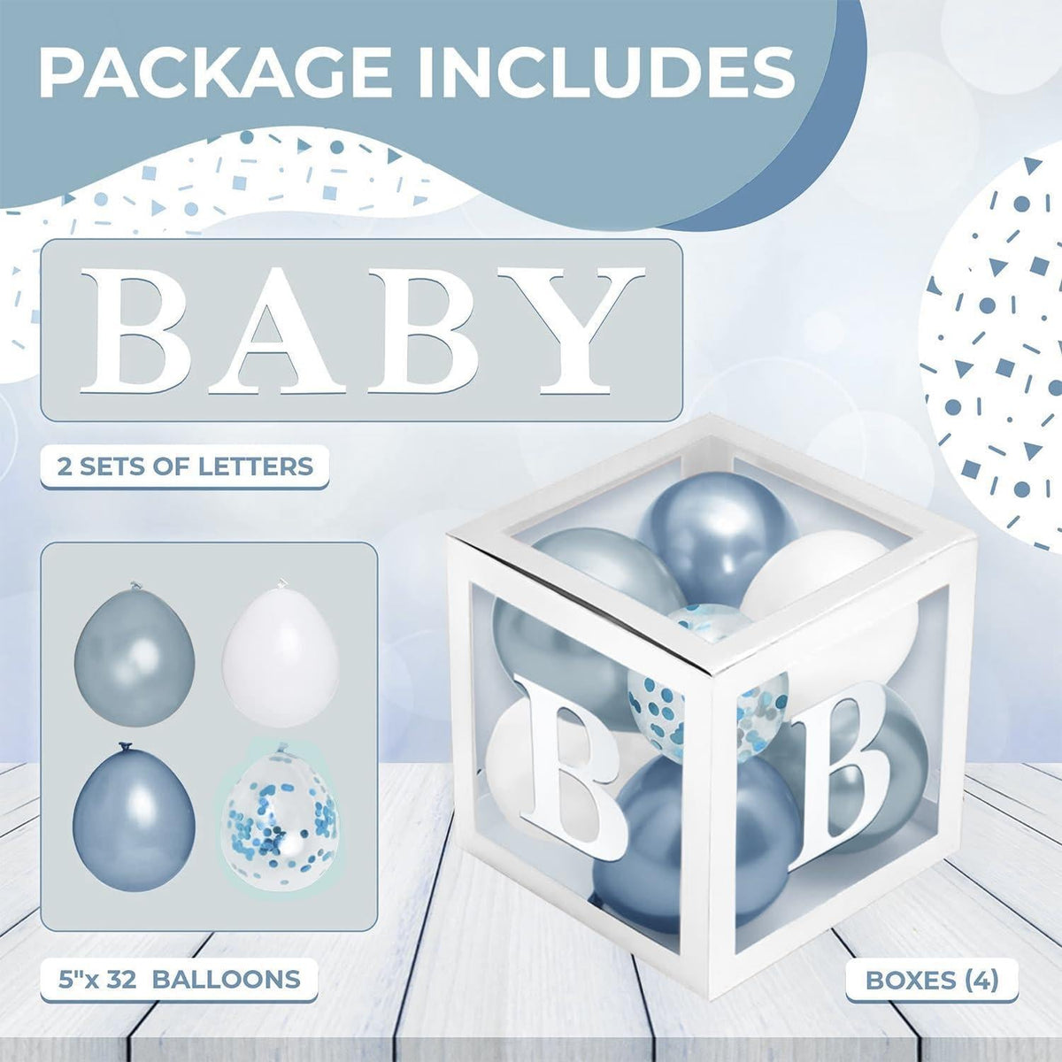 Baby letter box decoration set with balloon assortment in square white frames