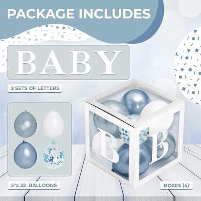 Baby letter box decoration set with balloon assortment in square white frames