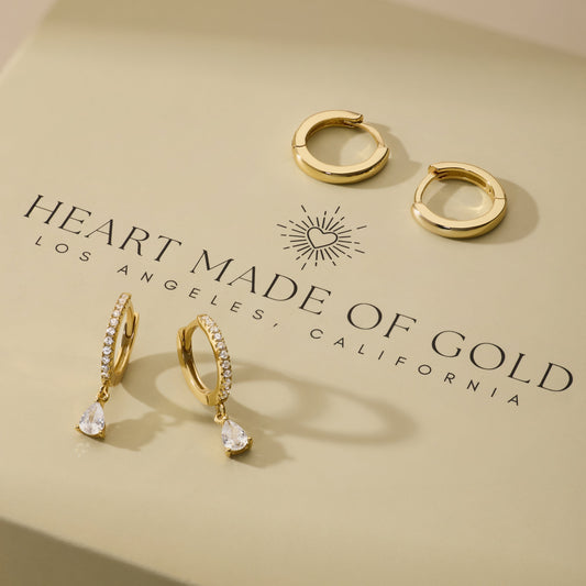 Pear drop earring set with gold hoop earrings and clear teardrop charms