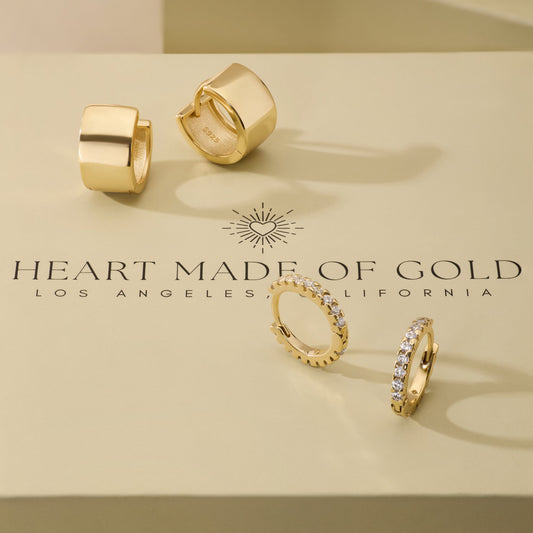 Gold hoop earrings set with two plain hoops and two pavé hoops
