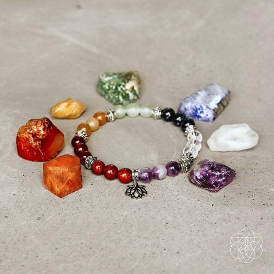 Beaded chakra bracelet with multicolor stone beads and silver charm clasp