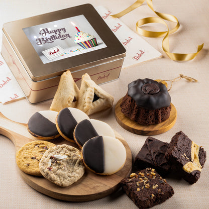 Cookie and brownie keepsake gift tin with Happy Birthday card and assorted cookies on boards