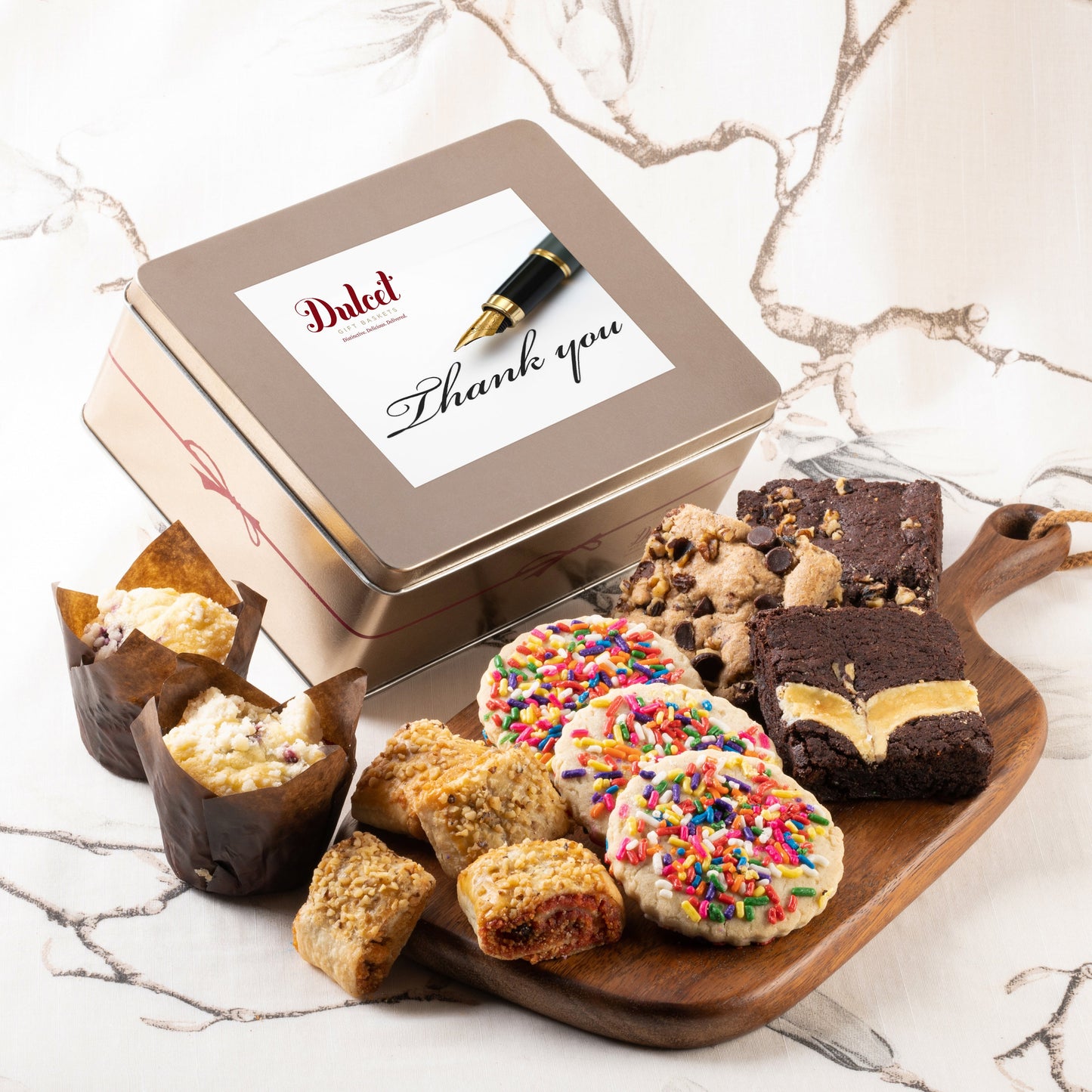 Cookie and brownie gift tin with “Thank you” label