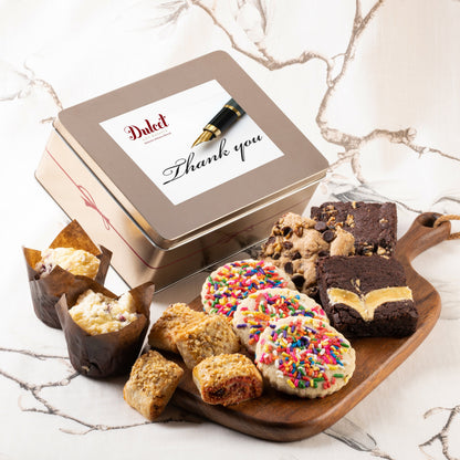 Cookie and brownie gift tin with “Thank you” label