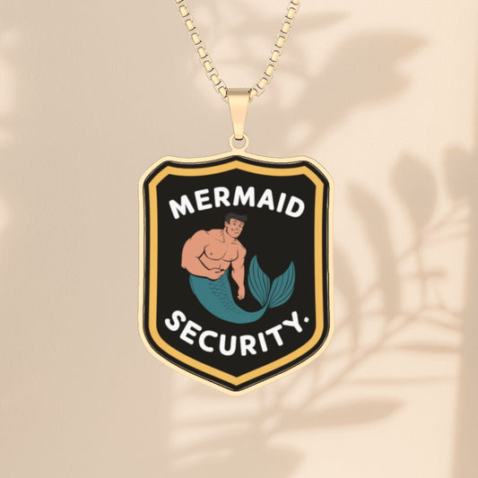 Mermaid Security Badge Pendant Necklace – Funny Merman Shield with 18” Chain | Stainless Steel, Gold Plated or Sterling Silver | Ocean Humour Jewellery Gift
