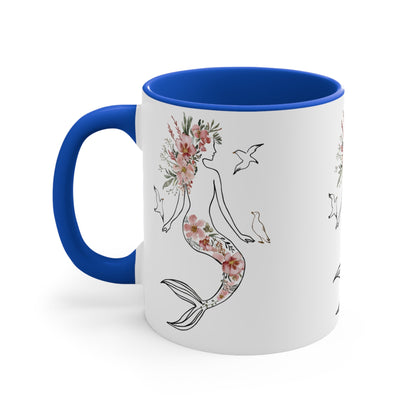 Mermaid Silhouette Botanical Floral Mug – Elegant Line Art Mermaid with Wild Blooms & Seagulls | 11oz Blue Accent Ceramic | Coastal Botanical Ocean Gift