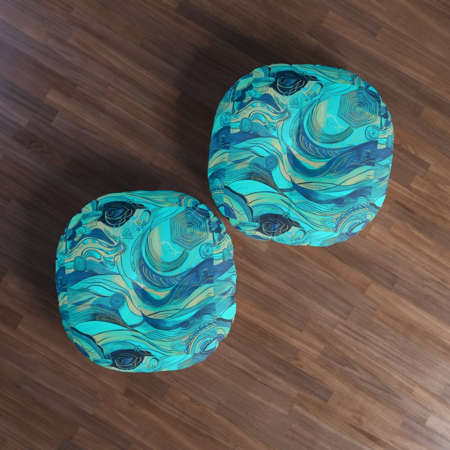 Round Ocean Waves Floor Pillow - Tufted Surrealist Ocean Art Cushion for Coastal Boho Home Decor, 26 and 30 Inch