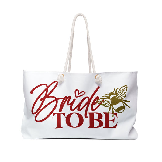 White canvas weekender tote bag with red 'Bride To Be' and gold butterfly graphic