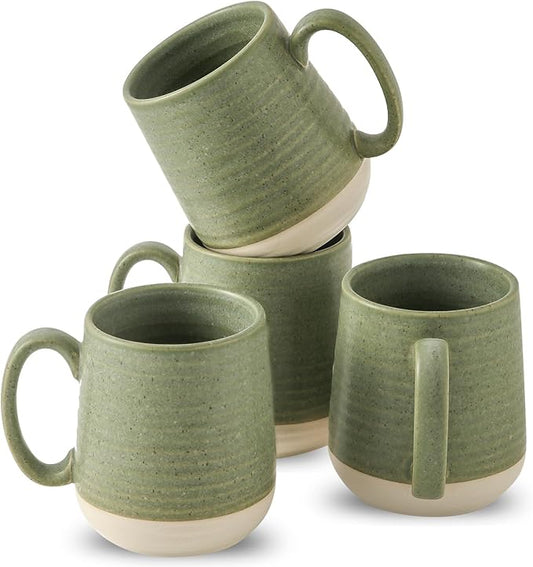 Green ceramic coffee mugs set of 4 with curved handles and speckled glaze, 15 oz