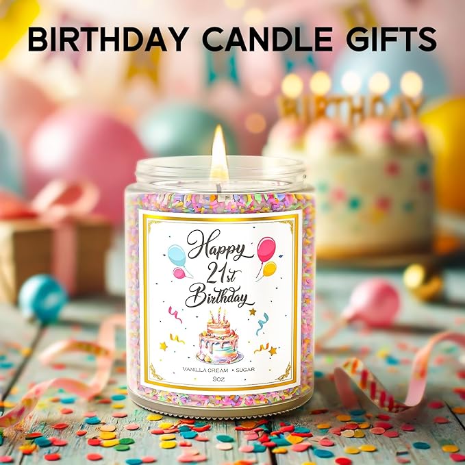 Happy 21st birthday candle in clear jar with confetti band and lit wick