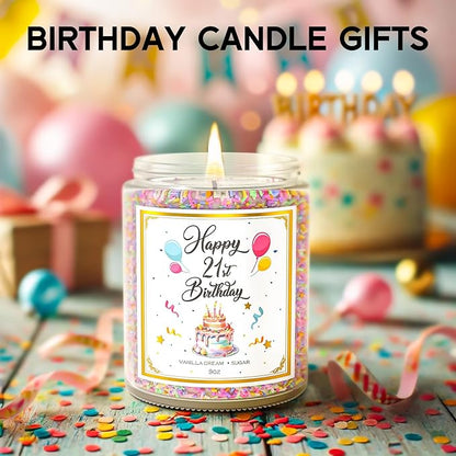 Happy 21st birthday candle in clear jar with confetti band and lit wick