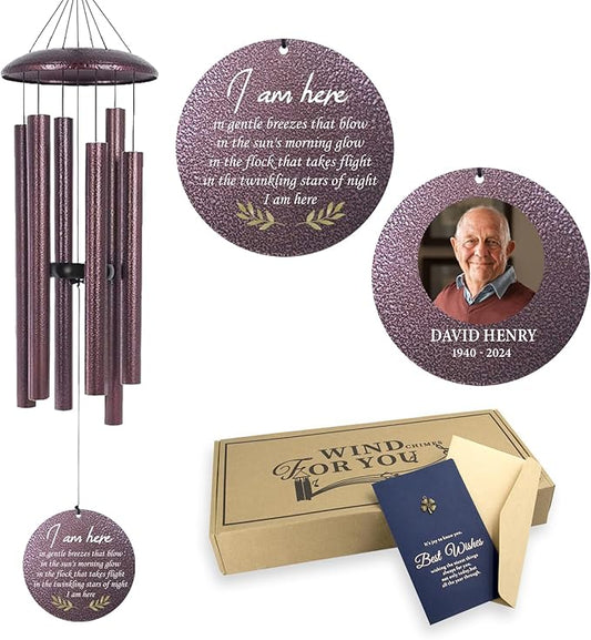 Purple metal wind chime with three tubes and circular memorial medallion with photo