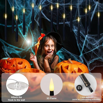 Flameless Floating Candles with Magic Wand Remote – 22 Pack Black | LED Flickering Hanging Candles | Halloween & Gothic Decor