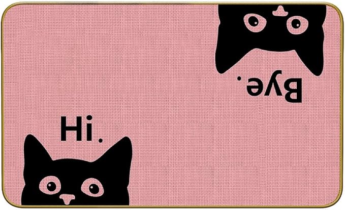 Pink welcome doormat with cartoon black cat faces, “Hi” text, rounded border