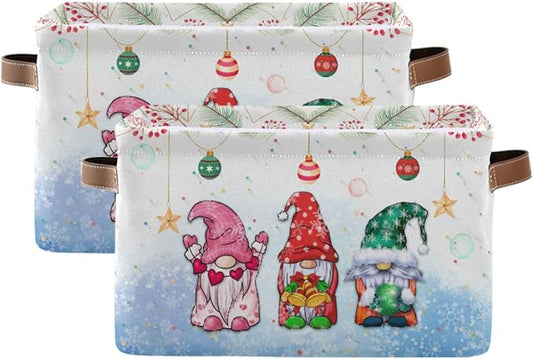 Set of collapsible Christmas gnome storage bins with brown side handles, white and blue