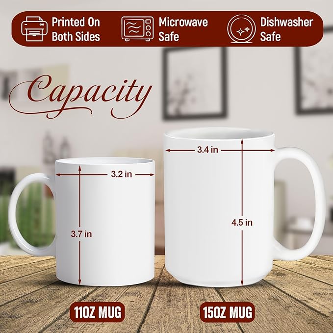 Mug size chart showing 11oz and 15oz mugs with height and width measurements