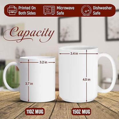 White ceramic mug size chart with dimensions and microwave and dishwasher safe icons