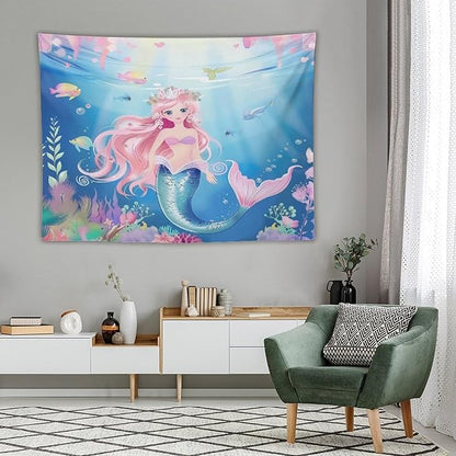 Mermaid Princess Wall Tapestry – 80" x 60" Large Watercolour | Wide Feature Wall Statement | Girls Bedroom Living Room Dorm | Wall Hanging