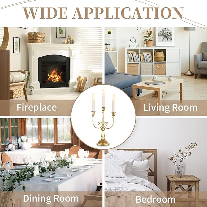 Gold three-stem candle holder on a pedestal, shown for use on dining and living spaces