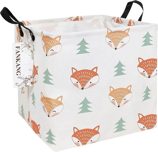 Woodland Fox Square Canvas Storage Basket - Foldable Waterproof Fox and Pine Tree Nursery Bin for Woodland Nursery and Woodland Gift Hampers