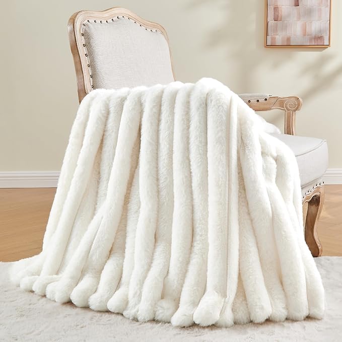 Cream Faux Rabbit Fur Throw Blanket – 50"x60" | 770GSM Double-Sided Luxury Fluffy Blanket | 3D Striped Plush Personal Couch Throw