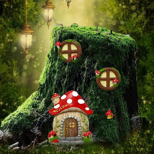 Outdoor fairy door house decoration with red mushroom cap, stone base, and round window pieces