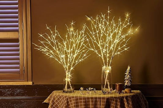 White Birch Lighted Branch for Vase – 32" 150 LED Warm White | Flexible Timer & Dimmer | Nordic Christmas Centrepiece Indoor Outdoor Decor