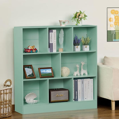Mint green 8-cube bookshelf with varied open shelf cubbies for books