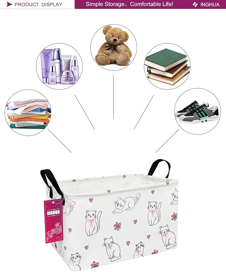 Rectangular fabric storage basket with cat print, top carry handles, spacious organizer