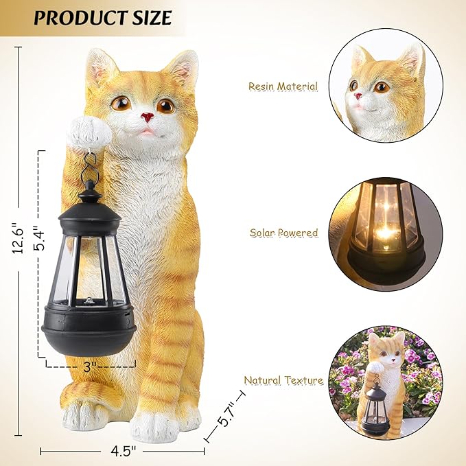 Cat Solar Garden Statue with Lantern - Waterproof Resin Outdoor Decor