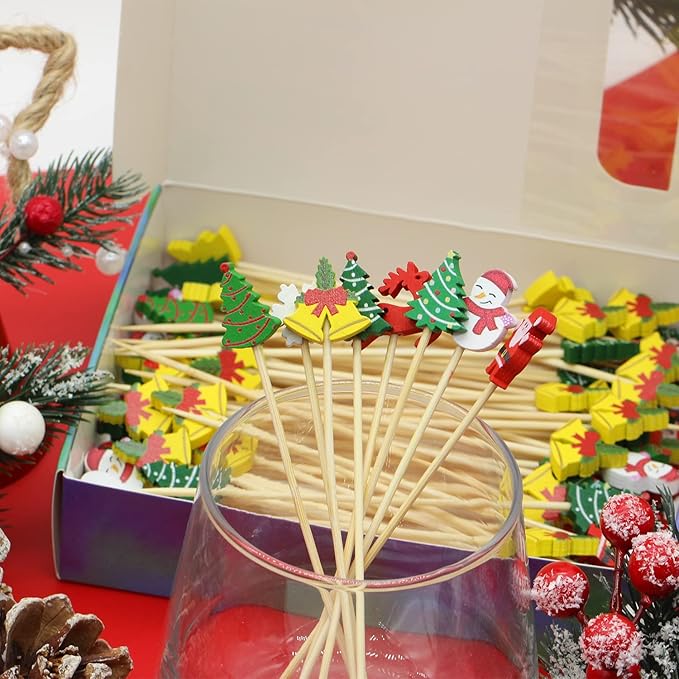 Christmas Cocktail Picks & Decorative Toothpicks, 5-Inch, 100 Count – Tree, Snowman, Elk & Snowflake Fruit, Dessert, Sandwich, Appetizer & Charcuterie Skewers for Themed Parties
