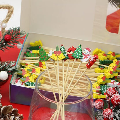 Christmas Cocktail Picks & Decorative Toothpicks, 5-Inch, 100 Count – Tree, Snowman, Elk & Snowflake Fruit, Dessert, Sandwich, Appetizer & Charcuterie Skewers for Themed Parties