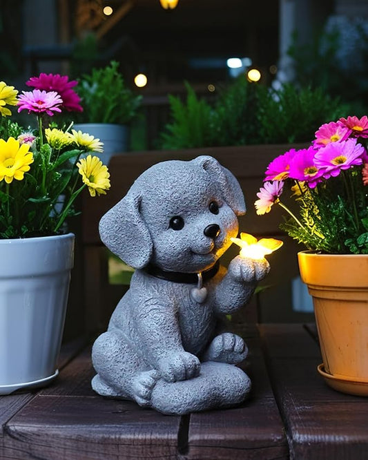 Solar Dog Garden Statue Holding Butterfly - Waterproof Resin Outdoor Decor with Cozy Glow