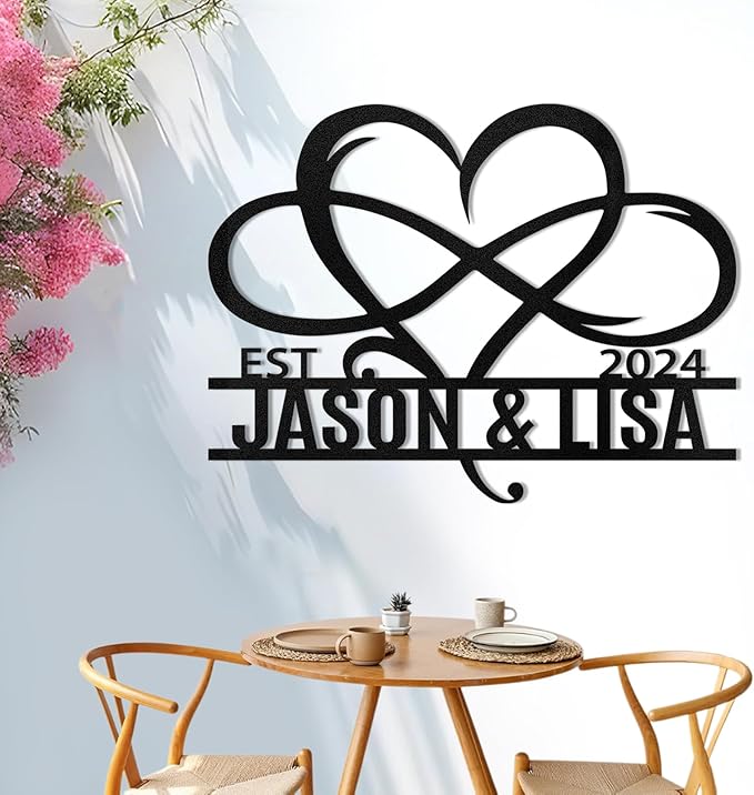 Infinity heart metal wall sign with EST Jason & Lisa, 2024