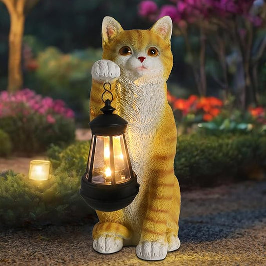 Cat Solar Garden Statue with Lantern - Waterproof Resin Outdoor Decor