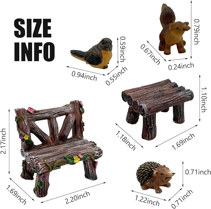 Set of 10 Fairy Garden Figurines with Forest Animals and Benches - Resin Outdoor Decor