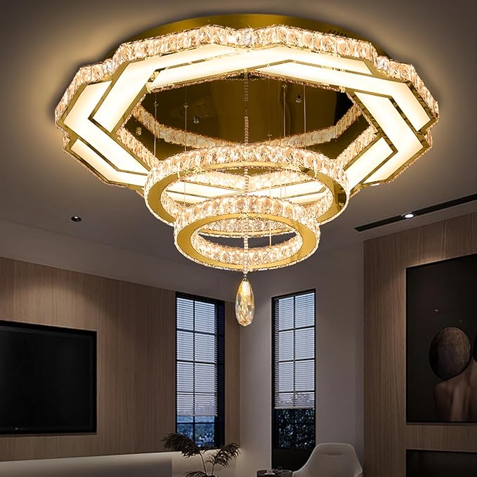Gold flush mount crystal chandelier with geometric rings and hanging crystal drop