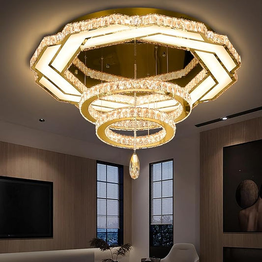 Gold flush mount crystal chandelier with geometric rings and hanging crystal drop