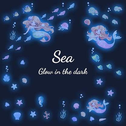 Glow in the Dark Mermaid Wall Decals – 68 Pcs Blue Glow Ocean Stickers | Mermaid Turtle Seahorse Jellyfish Starfish | Peel & Stick Ceiling Wall | Nursery Playroom Bedroom Gift