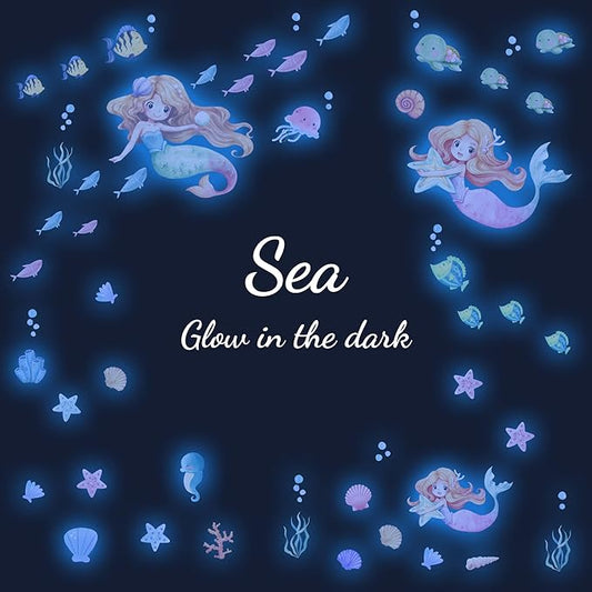 Glow in the Dark Mermaid Wall Decals – 68 Pcs Blue Glow Ocean Stickers | Mermaid Turtle Seahorse Jellyfish Starfish | Peel & Stick Ceiling Wall | Nursery Playroom Bedroom Gift
