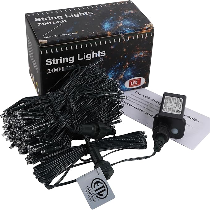 200-LED red and white mini string lights with green wire, box and controller