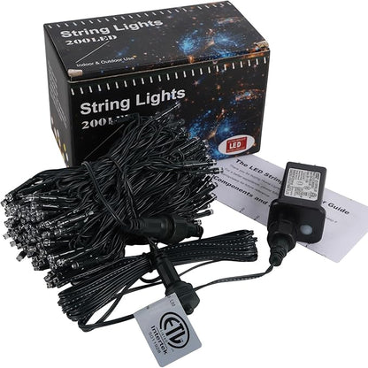 200-LED red and white mini string lights with green wire, box and controller