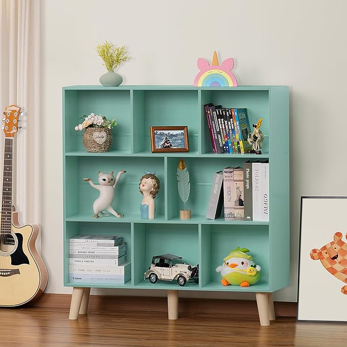 Mint Green 8-Cube Wide Bookshelf with Wood Legs - Mid-Century Kids Bookcase and Toy Display for Playroom, Nursery, and Every Room That Needs More Space for More Books