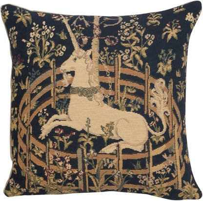 Navy tapestry decorative pillow cover with tan unicorn and floral accents, 13x13