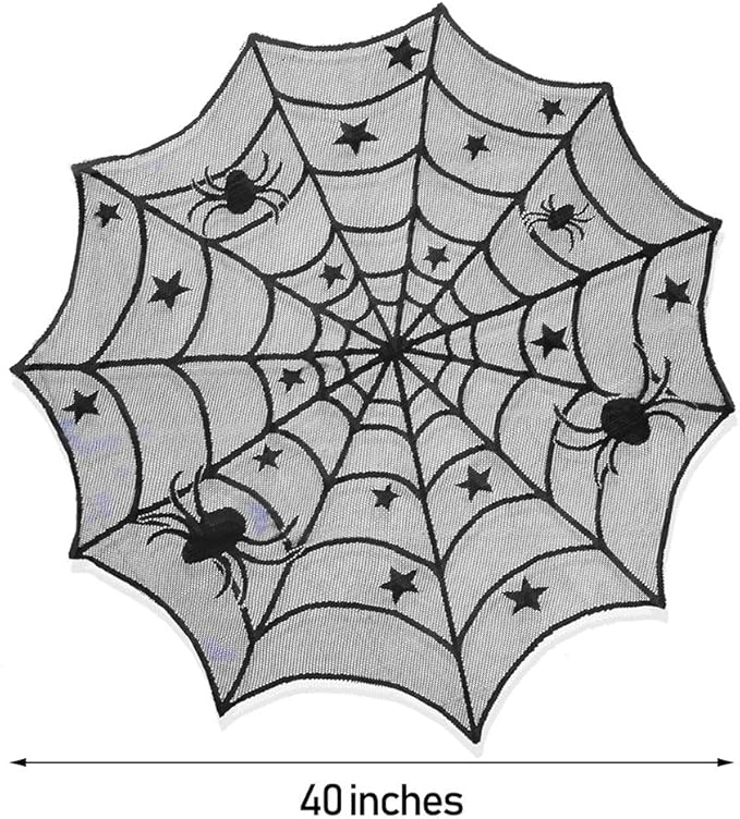 Round black spider web table topper with stars and spiders, 40 inches diameter