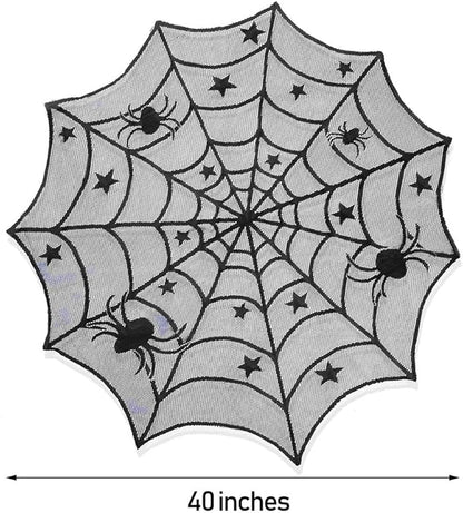 Round black spider web table topper with stars and spiders, 40 inches diameter