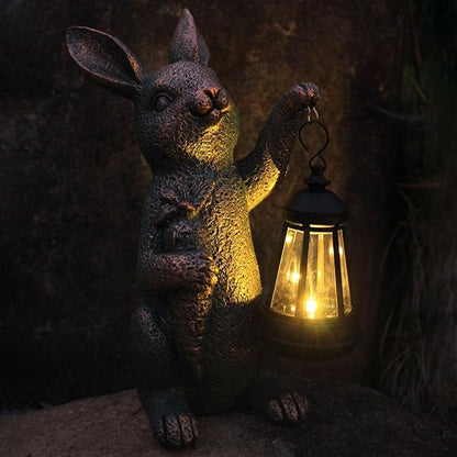Solar Rabbit Garden Statue Holding Lantern and Carrot - Resin Outdoor Decor